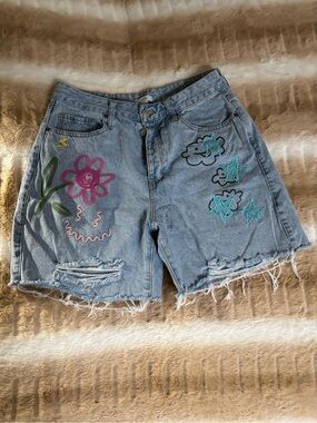 Forever 21 Light Blue Denim Shorts with Colorful Embroidered Stars & Flower